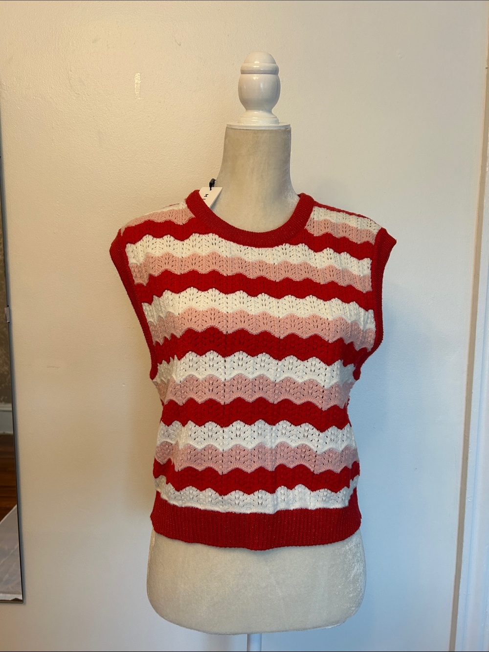 Milly Red, Pink and Cream Scallop Knit Sweater